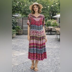 Sanbury Red Boho Print V Neck Rayon Casual Summer Midi Dress Women's Size Medium